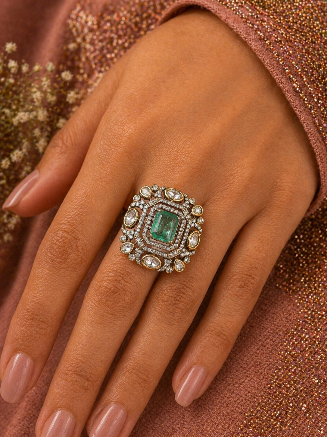 Royal Emerald Polki Ring (Adjustable)