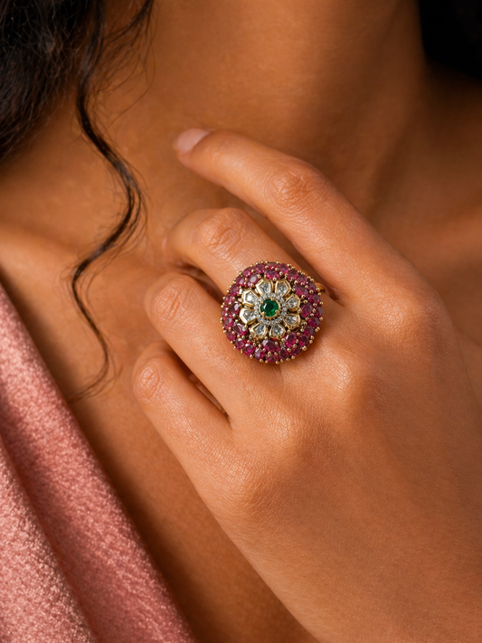 Red Floral American Diamond Ring